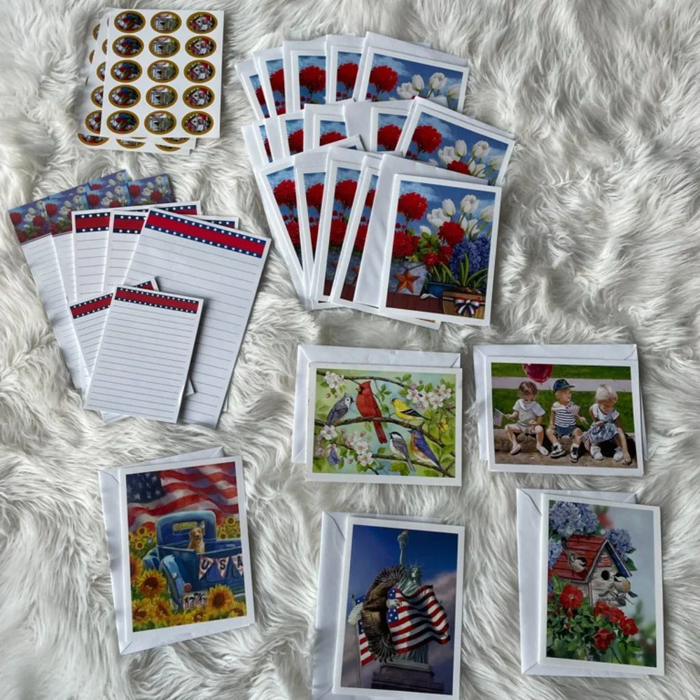 20 Patriotic cards, 30 envelope seals, 5 large notepads, 2 small notepads